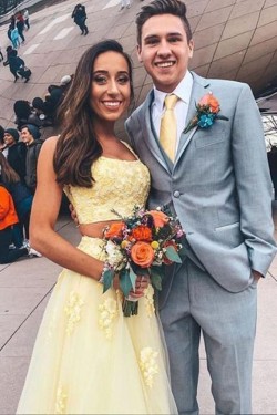 Two Pieces Lace Appliques Long Yellow Prom Dresses Formal Evening Gowns 6011318
