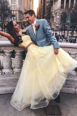 Two Pieces Lace Appliques Long Yellow Prom Dresses Formal Evening Gowns 6011318