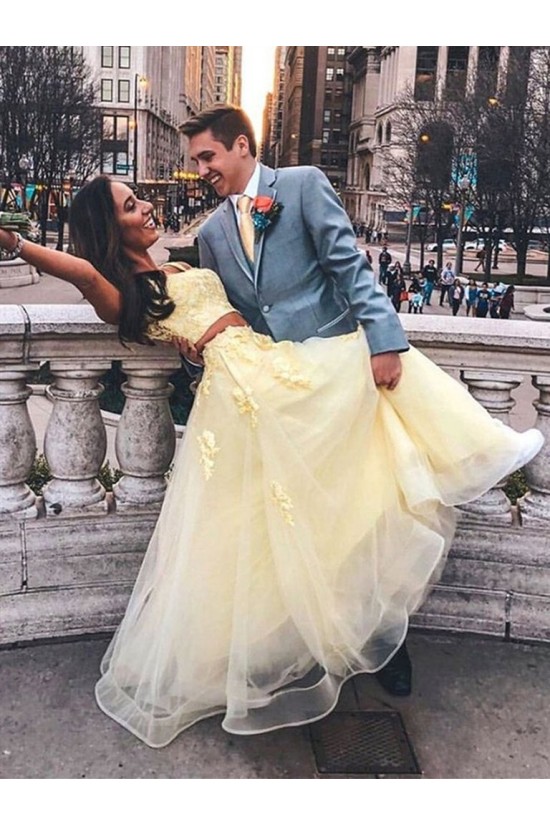 Two Pieces Lace Appliques Long Yellow Prom Dresses Formal Evening Gowns 6011318 Two Pieces Lace Appliques Long Yellow Prom Dresses Formal Evening Gowns 6011318
