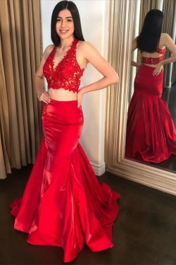 Long Red Two Pieces Lace Prom Dresses Formal Evening Gowns 6011320