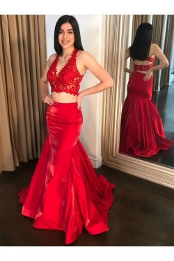 Long Red Two Pieces Lace Prom Dresses Formal Evening Gowns 6011320