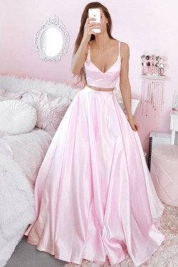 A-Line Two Pieces Long Pink Prom Dresses Formal Evening Gowns 6011322