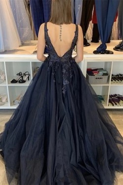 A-Line Lace V-Neck Long Prom Dresses Formal Evening Gowns 6011326
