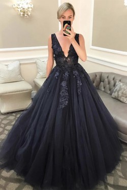 A-Line Lace V-Neck Long Prom Dresses Formal Evening Gowns 6011326