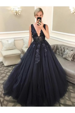 A-Line Lace V-Neck Long Prom Dresses Formal Evening Gowns 6011326