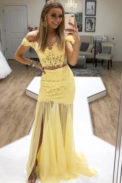 Long Yellow Lace Two Pieces Prom Dresses Formal Evening Gowns 6011333