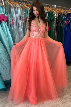A-Line Lace V-Neck Long Prom Dresses Formal Evening Gowns 6011337