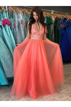 A-Line Lace V-Neck Long Prom Dresses Formal Evening Gowns 6011337