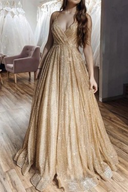 A-Line Sparkle V-Neck Long Prom Dresses Formal Evening Gowns 6011338