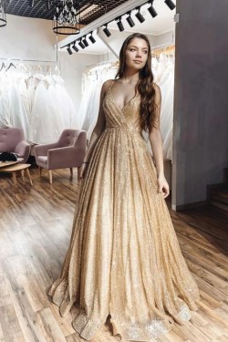 A-Line Sparkle V-Neck Long Prom Dresses Formal Evening Gowns 6011338