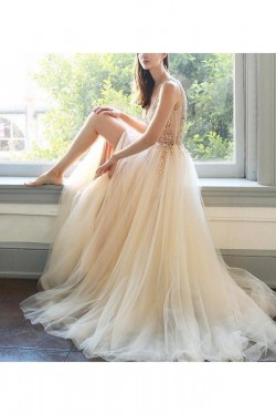 A-Line Beaded Tulle Long Prom Dresses Formal Evening Gowns 6011339