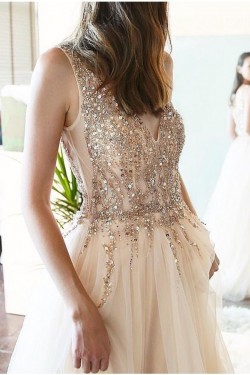 A-Line Beaded Tulle Long Prom Dresses Formal Evening Gowns 6011339