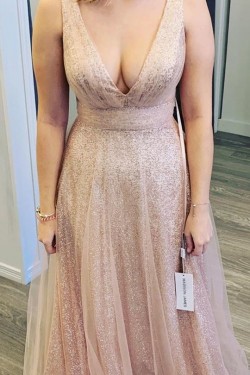 A-Line V-Neck Sequins Tulle Long Prom Dresses Formal Evening Gowns 6011346