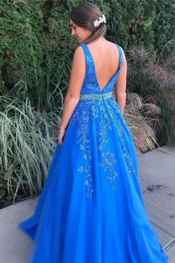 A-Line Beaded V-Neck Long Prom Dresses Formal Evening Gowns 6011361