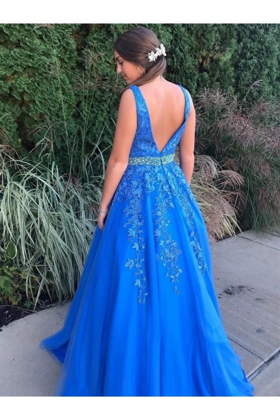 A-Line Beaded V-Neck Long Prom Dresses Formal Evening Gowns 6011361