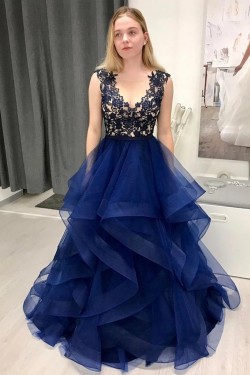 A-Line Lace Tulle Long Prom Dresses Formal Evening Gowns 6011362