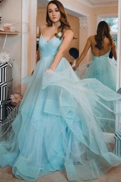 A-Line Sequins Tulle V-Neck Long Prom Dresses Formal Evening Gowns 6011366