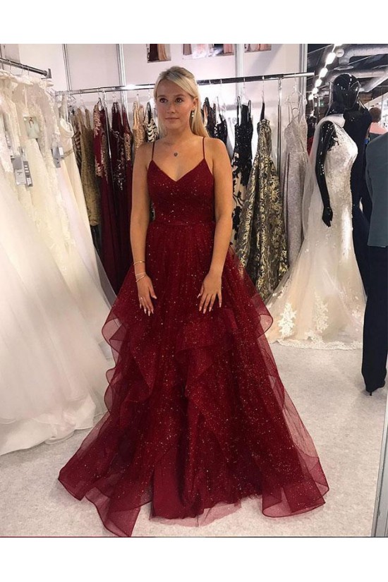 A-Line Sequins Tulle V-Neck Long Prom Dresses Formal Evening Gowns 6011366