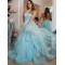 A-Line Sequins Tulle V-Neck Long Prom Dresses Formal Evening Gowns 6011366