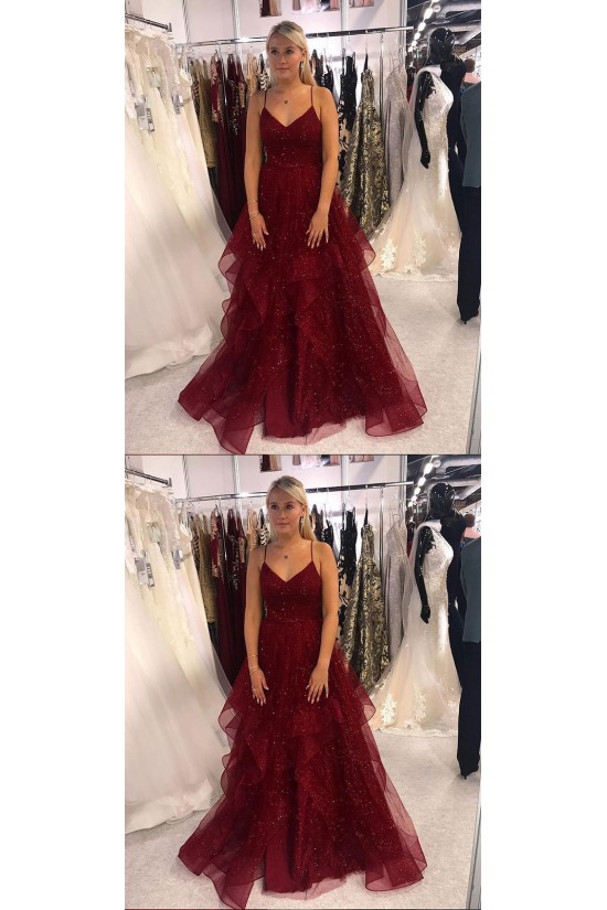 A-Line Sequins Tulle V-Neck Long Prom Dresses Formal Evening Gowns 6011366