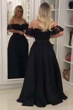 A-Line Black Off-the-Shoulder Long Prom Dresses Formal Evening Gowns 6011369