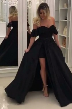 A-Line Black Off-the-Shoulder Long Prom Dresses Formal Evening Gowns 6011369