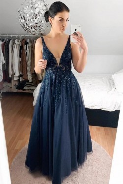 A-Line Beaded Lace Long Prom Dresses Formal Evening Gowns 6011371