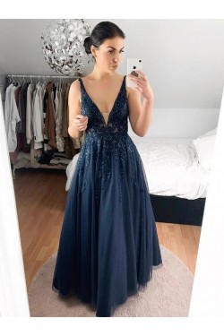 A-Line Beaded Lace Long Prom Dresses Formal Evening Gowns 6011371