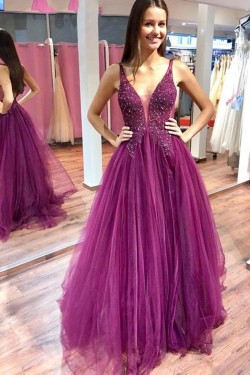 A-Line Beaded Lace Long Prom Dresses Formal Evening Gowns 6011372
