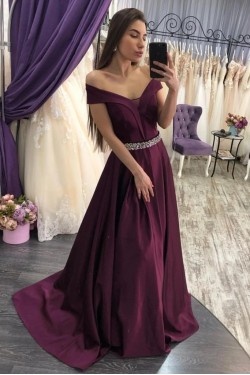 A-Line Beaded Off-the-Shoulder Long Prom Dresses Formal Evening Gowns 6011377