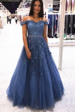 A-Line Beaded Off-the-Shoulder Long Prom Dresses Formal Evening Gowns 6011388