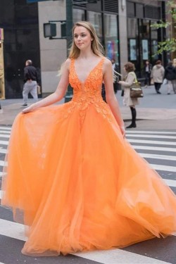 A-Line Lace V-Neck Long Prom Dresses Formal Evening Gowns 6011394