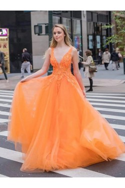 A-Line Lace V-Neck Long Prom Dresses Formal Evening Gowns 6011394