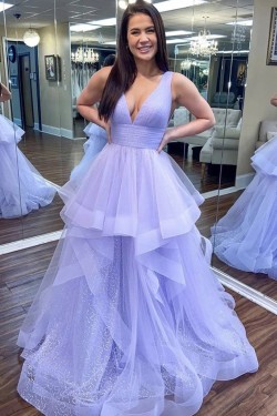 A-Line Tulle V-Neck Long Prom Dresses Formal Evening Gowns 6011401