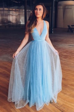 A-Line Sequins Tulle Long Prom Dresses Formal Evening Gowns 6011402