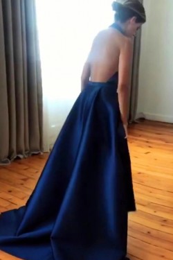 A-Line Halter Satin Long Prom Dresses Formal Evening Gowns 6011407