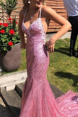 Mermaid Sequins Lace Long Prom Dresses Formal Evening Gowns 6011411