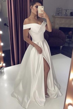 A-Line Satin Off-the-Shoulder Long Prom Dresses Formal Evening Gowns 6011415