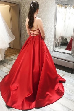 A-Line Long Red Satin Prom Dresses Formal Evening Gowns 6011416