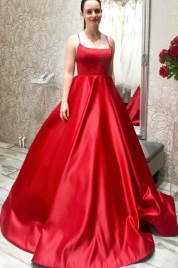 A-Line Long Red Satin Prom Dresses Formal Evening Gowns 6011416