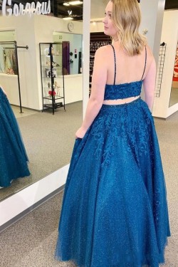 A-Line Lace Sequins Beaded Two Pieces Long Prom Dresses Formal Evening Gowns 6011420