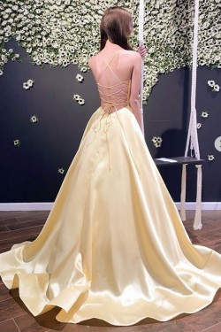 A-Line Long Yellow Satin Prom Dresses Formal Evening Gowns 6011421