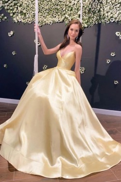 A-Line Long Yellow Satin Prom Dresses Formal Evening Gowns 6011421