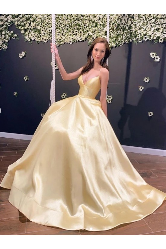 A-Line Long Yellow Satin Prom Dresses Formal Evening Gowns 6011421 A-Line Long Yellow Satin Prom Dresses Formal Evening Gowns 6011421
