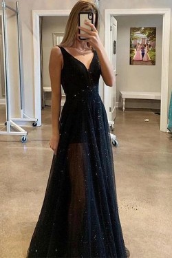 A-Line Sequins Tulle Long Prom Dresses Formal Evening Gowns 6011427