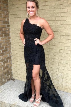 Long Black Lace One-Shoulder Prom Dresses Formal Evening Gowns 6011428
