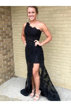 Long Black Lace One-Shoulder Prom Dresses Formal Evening Gowns 6011428