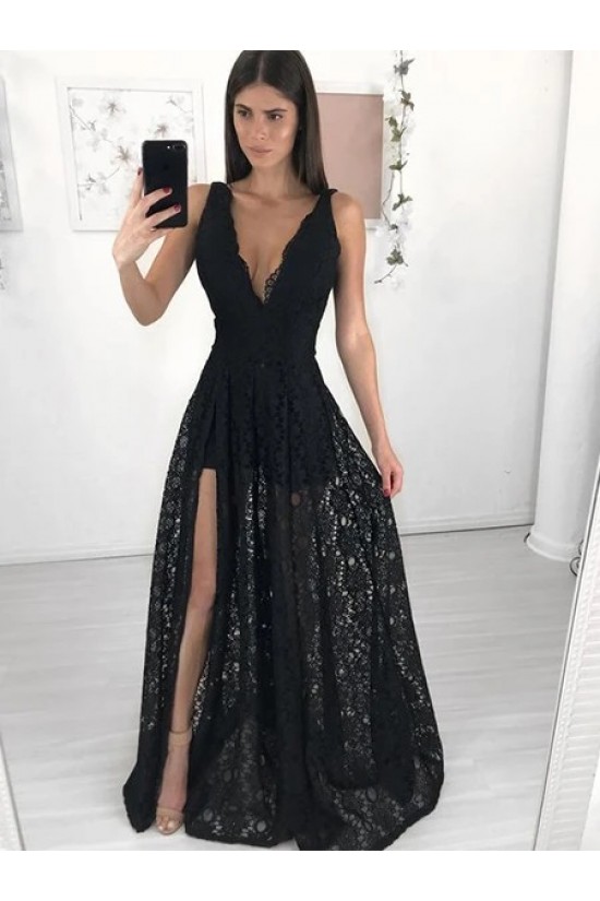 A-Line Long Lace V-Neck Prom Dresses Formal Evening Gowns 6011434 A-Line Long Lace V-Neck Prom Dresses Formal Evening Gowns 6011434