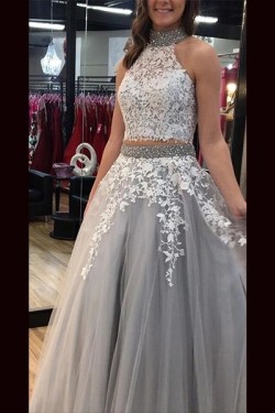 A-Line Beaded Lace Two Pieces Long Prom Dresses Formal Evening Gowns 6011436