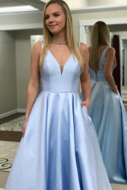 A-Line Long Pink V-Neck Prom Dresses Formal Evening Gowns 6011438